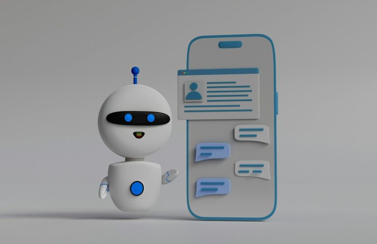 Blog, Using Deep Links A friendly robot next to a smartphone displaying conversation bubbles.
