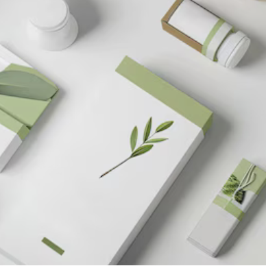 Business packaging printing, Print Marketing Cornwall White packaging with green accents and botanical illustrations on a light background.