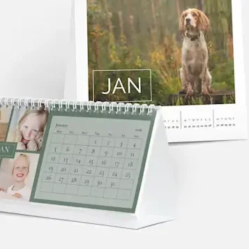 Business promotional printing, Print Marketing Cornwall A desk calendar featuring photos of a baby and a dog for January.