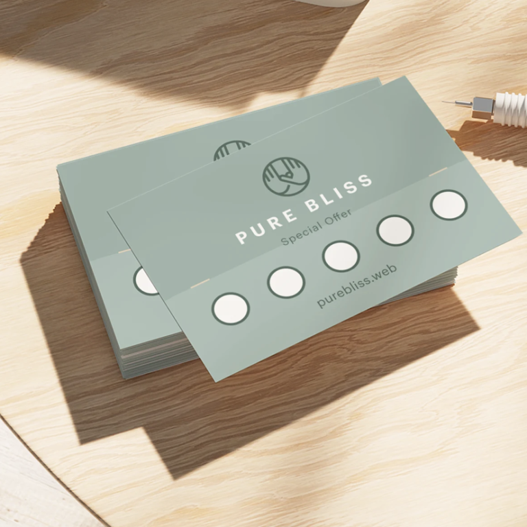 Business Loyalty card printing, Print Marketing Cornwall A teal card with "PURE BLISS" and five circular prompts for tracking progress.
