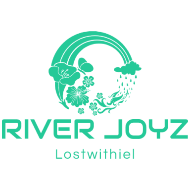 Logo Design Featuring Flower design, River Joyz Logo featuring the text "River Joyz" with a rainbow, clouds, and floral elements in teal.