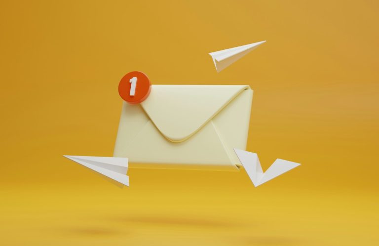 Blog, Domain Email Address A yellow envelope with a notification and paper airplanes on an orange background.