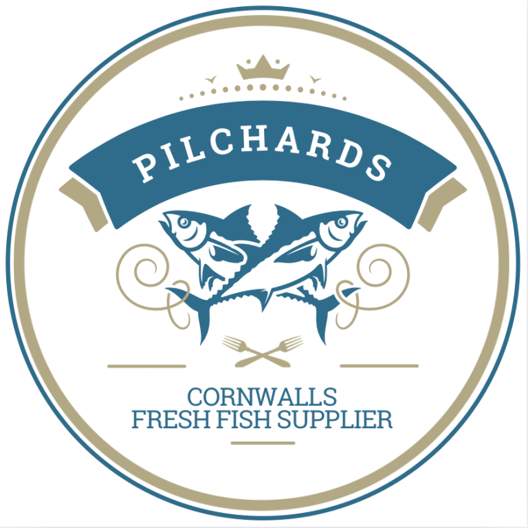 Business Lable printing, Print Marketing Cornwall Logo for Pilchards, Cornwall's fresh fish supplier, featuring two fish graphic.