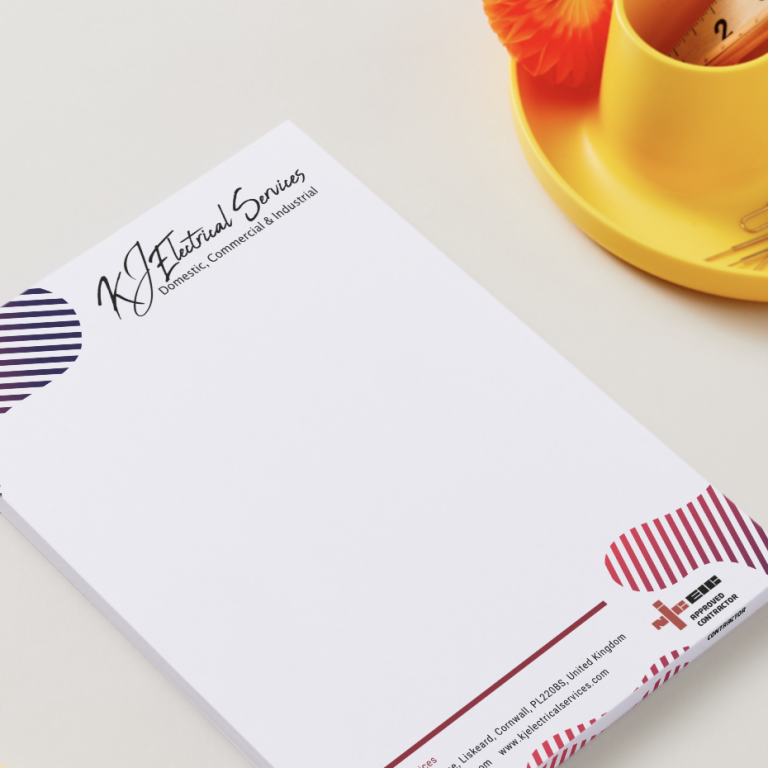 Business letterhead printing, Print Marketing Cornwall A blank notepad / Letterhead with a decorative header and a cup on a yellow holder.