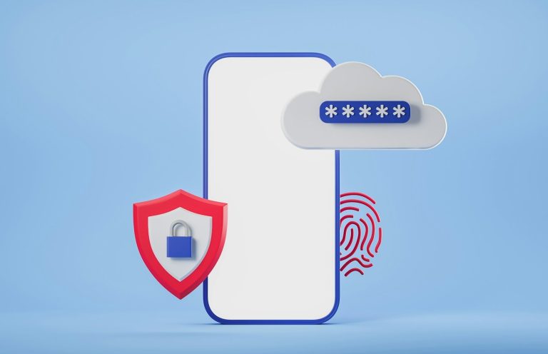 Blog, SSL Security A smartphone with security symbols and a cloud, representing data protection.