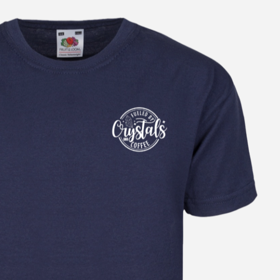 Business Clothing Apparel printing and embroidering, Print Marketing Cornwall Navy blue t-shirt with a circular "Crystals" logo on the chest.