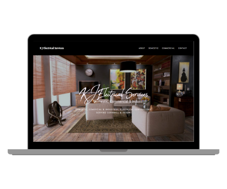 K J Electrical Services Website By Rocket Media Services Modern living room with wood accents, a large window, and a stylish sofa arrangement.