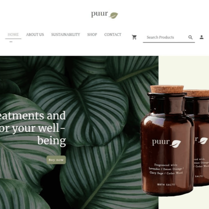 Green Website Design For Wellbeing | ecommerce Website Design Cornwall Botanical backdrop with text about well-being treatments and dark bottles featured.